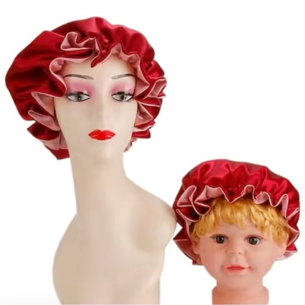 Red Satin Shower Cap Set